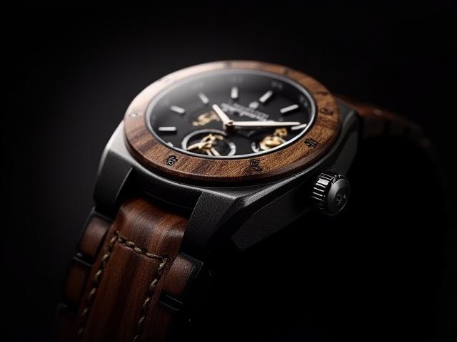 Ebony and stainless steel hybrid mechanical watch.