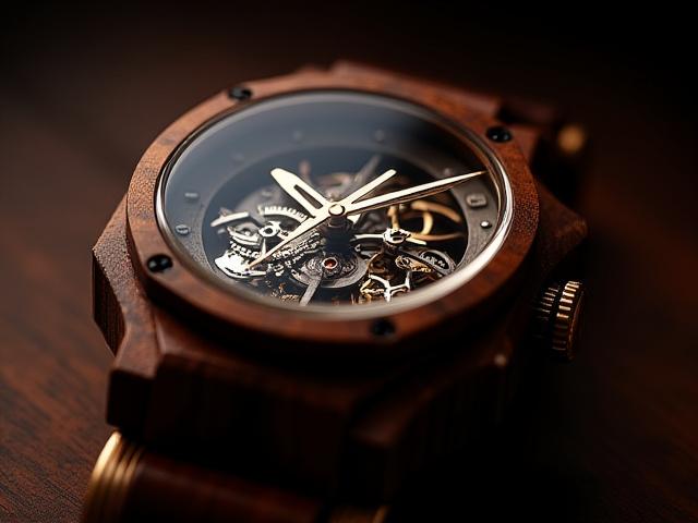An intricate mechanical wood watch showcasing gear movements through a transparent dial, against a backdrop of rich, dark wood.