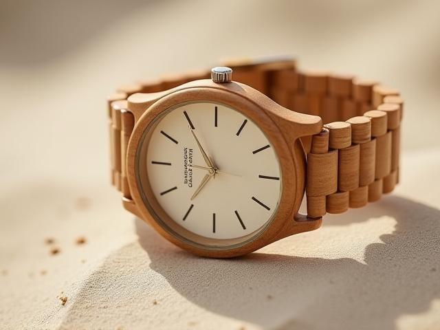 A light-colored sandalwood watch with a delicate grain pattern, sitting on a pale stone surface.