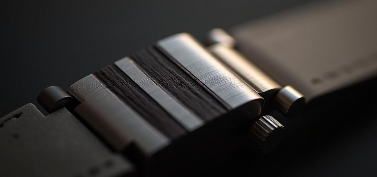 Macro shot of a shimmering silver metal watch band link with a precisely inlaid strip of dark ebony wood