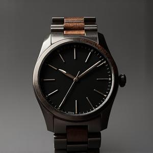 A sleek hybrid wood and metal watch centered, showing both materials harmoniously.