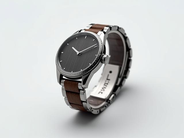 Hybrid watch with brushed silver metal case and dark ebony wood inlay on strap