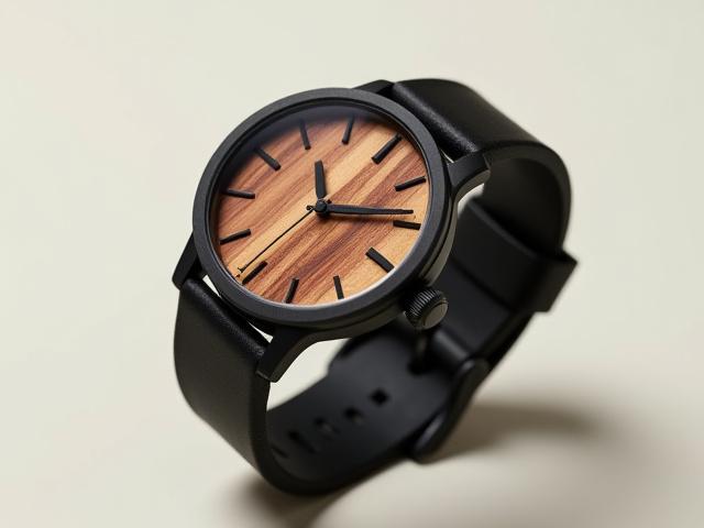 Hybrid watch with black metal case and vibrant zebrawood dial accents