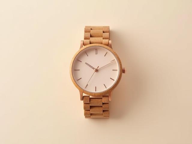 Hybrid watch with rose gold metal accents and light sandalwood wooden links