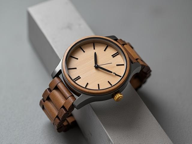 A stylish hybrid watch blending wood and brushed metal components.