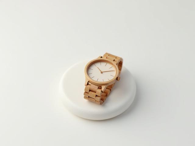 A sleek, minimalist wooden watch on a light, textured surface.
