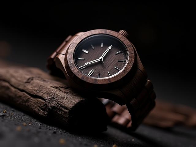 Close-up of an ebony wooden watch with a rich, dark grain.