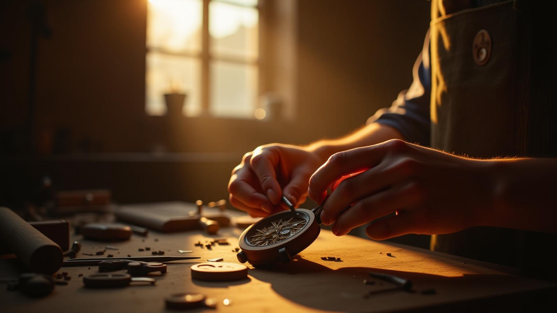 Artisan's hands meticulously assembling a wooden watch movement with specialized tools inside a sunlit workshop.