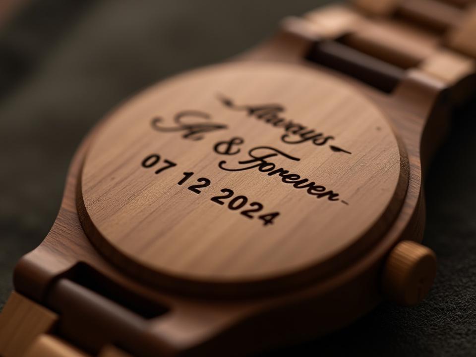 A close-up shot of the back of a polished wooden watch, elegantly engraved with 'Always & Forever - 07.12.2024'