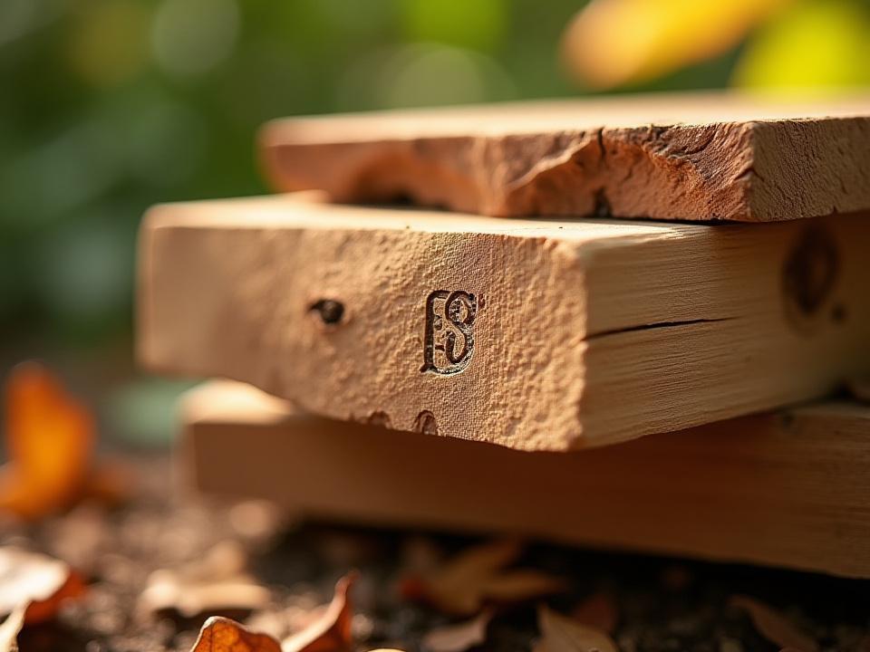Close-up of a stack of richly textured, reclaimed wooden planks with an etched FSC certification logo watermark.