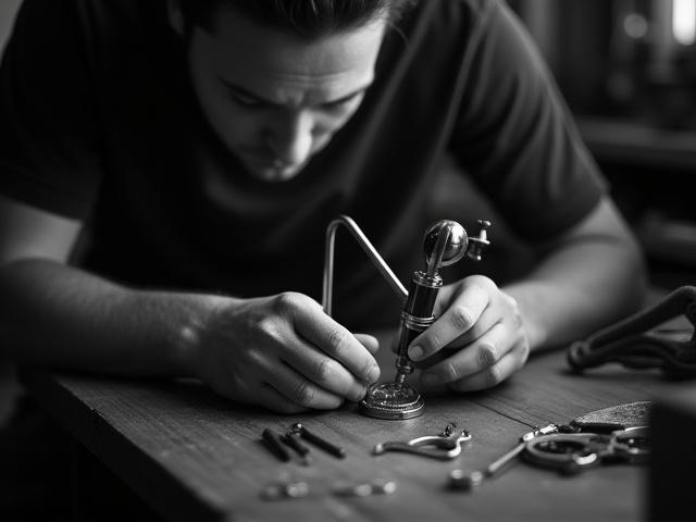 Black and white photo of a master watchmaker meticulously working on a mechanical movement with a loupe at a wooden workbench