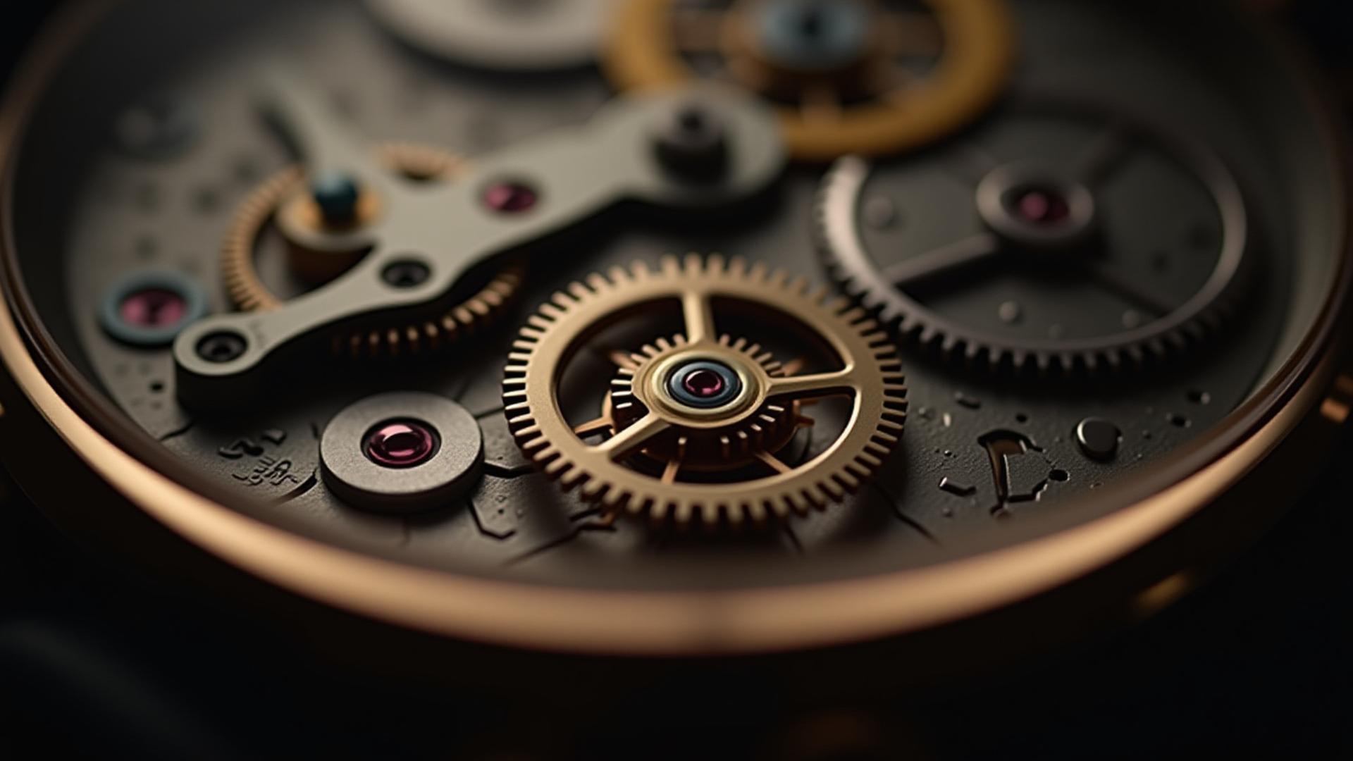 Close-up of a mechanical watch movement's intricate gears and balance wheel