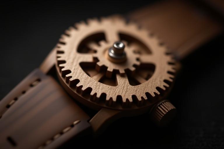 Conceptual drawing of an intricate wooden gear for a watch movement, rendered with precision