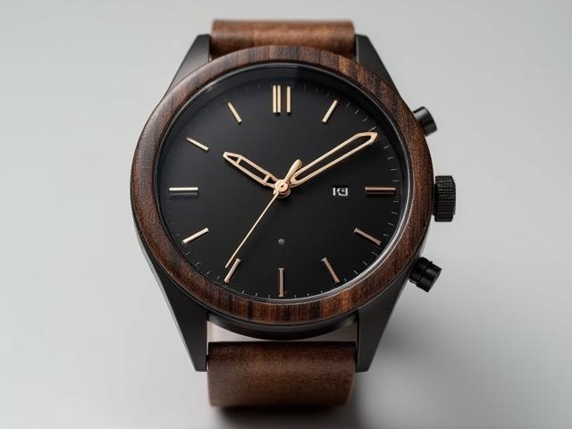 Germaine J Thomas Hybrid SleekSteel watch, combining dark wood with brushed stainless steel elements for a modern look.